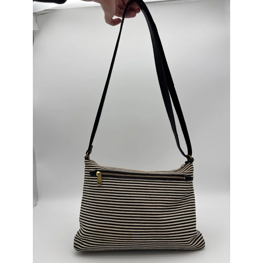 FOSSIL Striped Leather Crossbody Handbag Bag Black Brown‎ Gold Brass Prep Medium